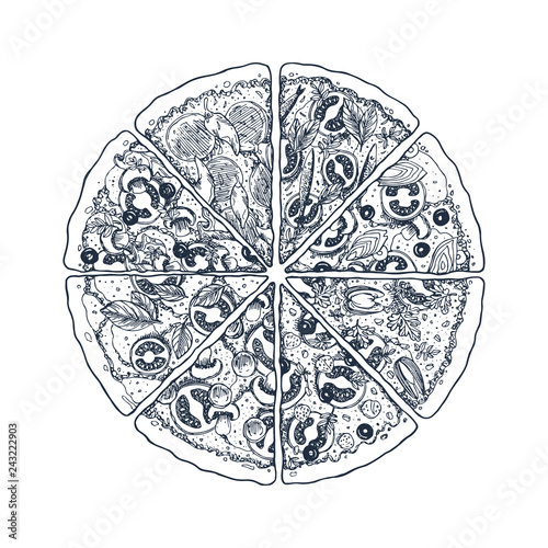 Classic pizza vintage illustration. Engaved style. Vector illustration