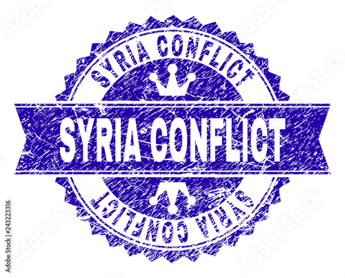 SYRIA CONFLICT rosette seal watermark with grunge texture. Designed with round rosette, ribbon and small crowns. Blue vector rubber watermark of SYRIA CONFLICT text with grunge texture.