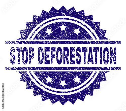 STOP DEFORESTATION stamp seal watermark with distress style. Blue vector rubber print of STOP DEFORESTATION label with dirty texture.