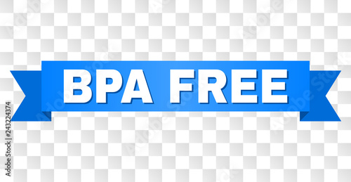 BPA FREE text on a ribbon. Designed with white caption and blue tape. Vector banner with BPA FREE tag on a transparent background.