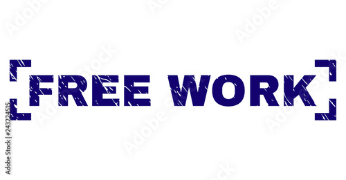 FREE WORK text seal print with corroded texture. Text title is placed inside corners. Blue vector rubber print of FREE WORK with corroded texture.