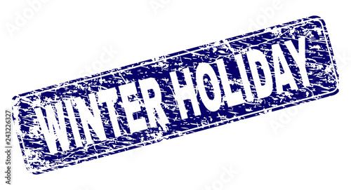 WINTER HOLIDAY stamp seal print with distress texture. Seal shape is a rounded rectangle with frame. Blue vector rubber print of WINTER HOLIDAY tag with unclean texture.
