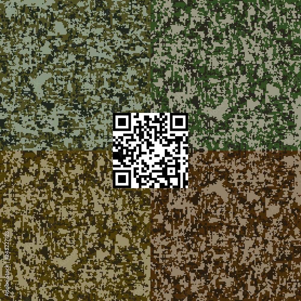 Naklejka premium Digital camouflage four seamless patterns set. Classic woodland khaki colors pixelated military texture.