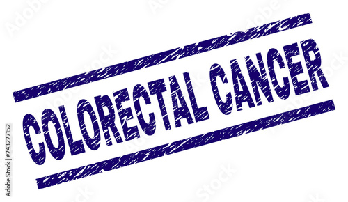 COLORECTAL CANCER seal print with grunge style. Blue vector rubber print of COLORECTAL CANCER text with grunge texture. Text caption is placed between parallel lines.
