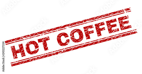 HOT COFFEE seal print with grunge effect. Red vector rubber print of HOT COFFEE label with unclean texture. Text label is placed between double parallel lines.