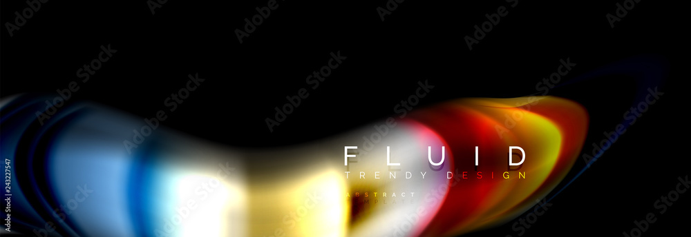 Bright colorful liquid fluid lines on black, modern abstract background