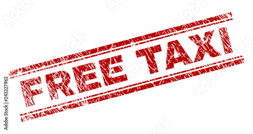 FREE TAXI seal print with distress texture. Red vector rubber print of FREE TAXI caption with unclean texture. Text tag is placed between double parallel lines.