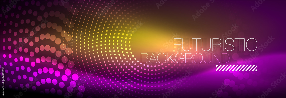 Glowing neon circle line dots, round line design, abstract style on black background. Neon abstract round circles Magic neon lights and glowing dots