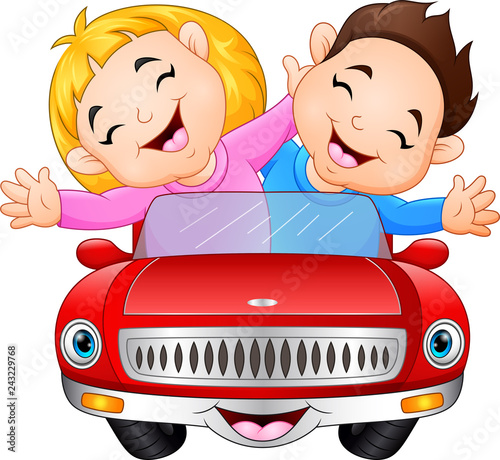 Cartoon boy and girl riding a car