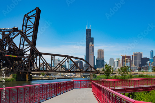 View of the city from along the river.  Chicago, Illinois, USA.