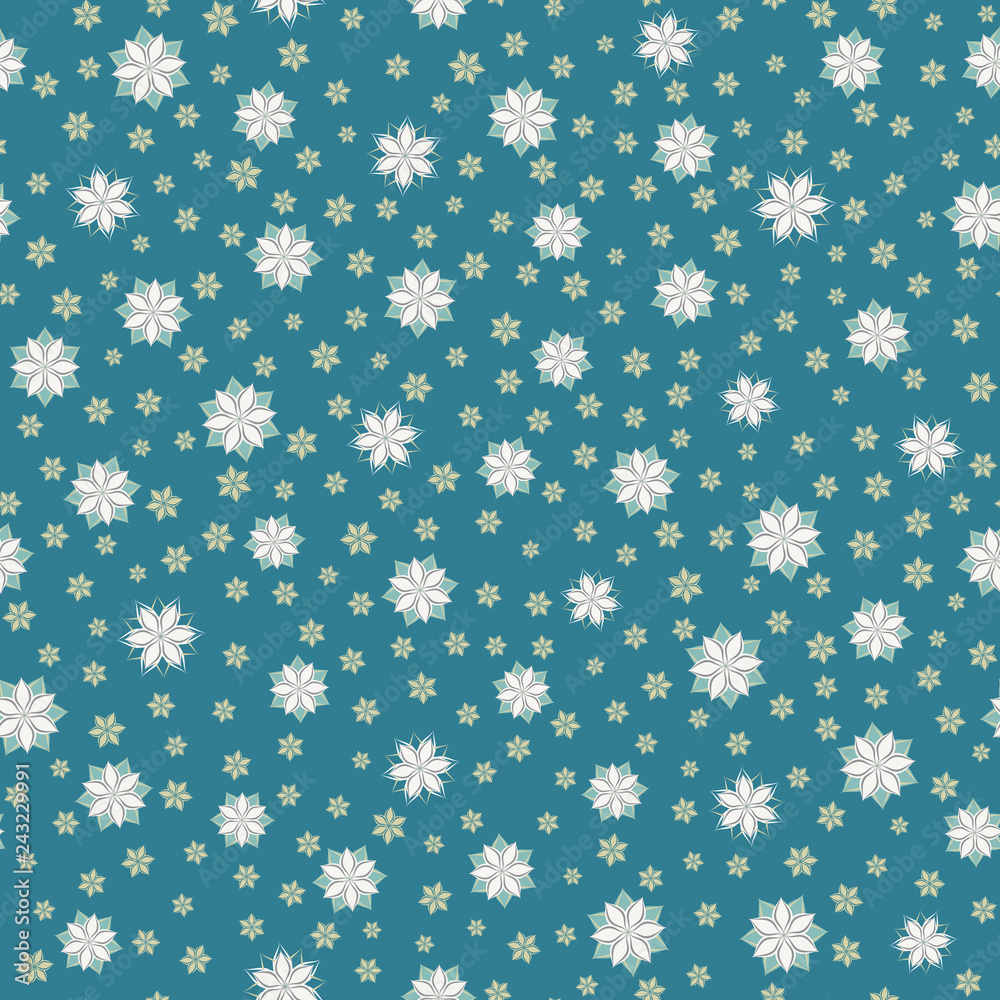 Seamless vector floral pattern with abstract geometric flowers in white colors on blue background Seamless vector floral pattern with abstract geometric flowers in white colors on blue background