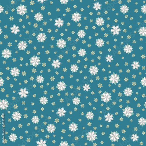 Seamless vector floral pattern with abstract geometric flowers in white colors on blue background