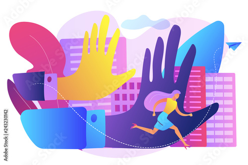 Big male hands pursuing and harrased female victim running away. Sexual harassment, sexulal bullying, abnormal labour relationship concept. Bright vibrant violet vector isolated illustration