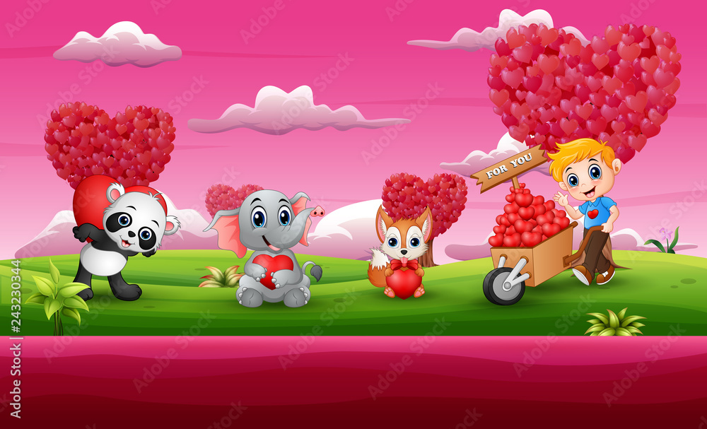 Naklejka premium Cartoon Valentines Day celebration in a pink garden