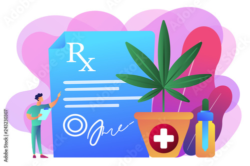 Doctor showing prescription for medical marijuana, bottle with cbd oil. Medical marijuana, medical cannabis, cannabinoids medicinal drugs concepts. Bright vibrant violet vector isolated illustration