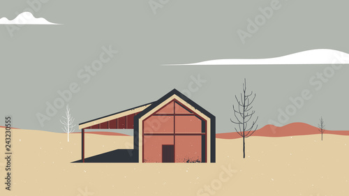 Landscape architecture, red house in desert with dead trees and mountains in background, vintage style