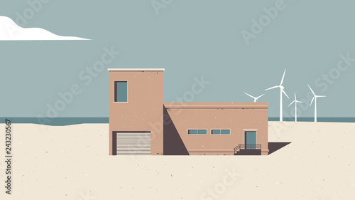 Landscape architecture, brown building on the beach with windmills in background, vintage style