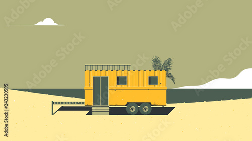 Landscape architecture, yellow camper van on the beach with ocean in background, vintage style