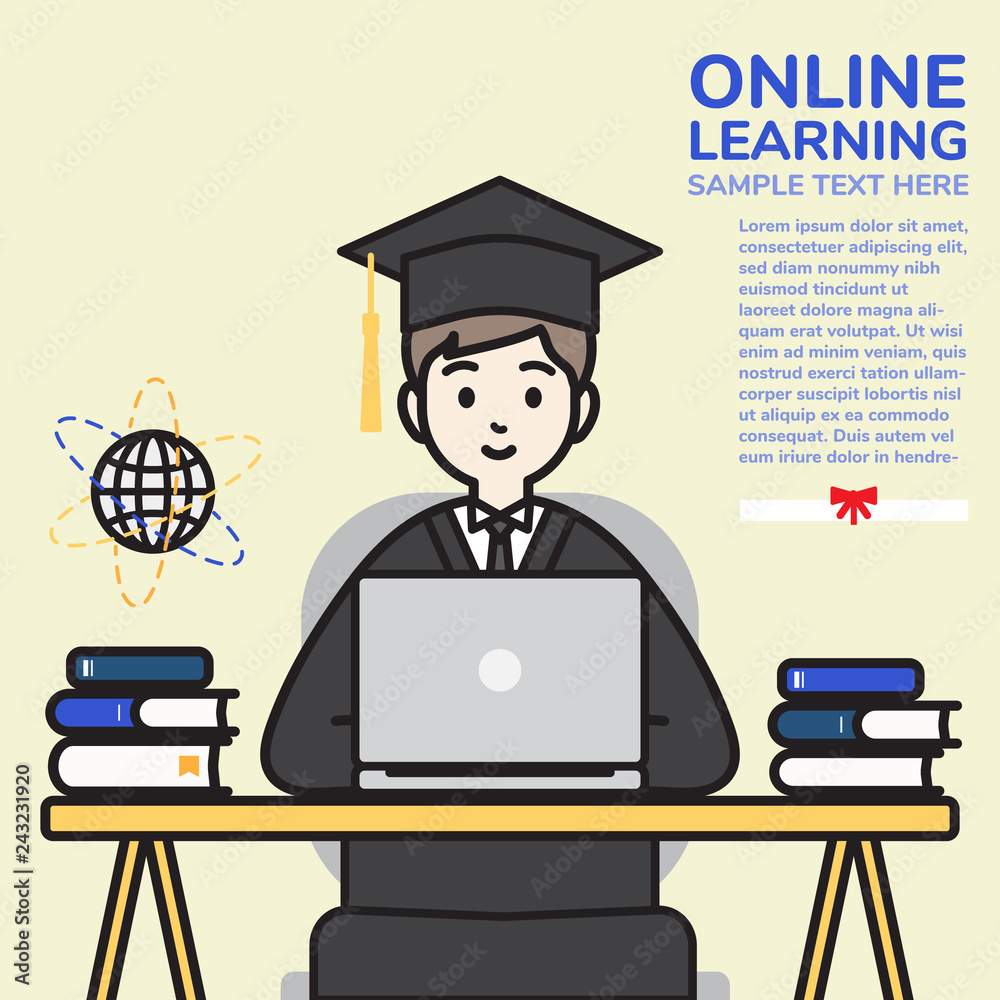 Male student graduate from online learning, e-learning concept in outline  cartoon Stock Vector | Adobe Stock
