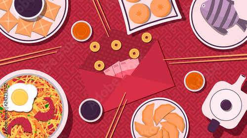 Chinese new year festive dinner. Chinese food on a ornament background. Template for poster or web site banner. Vector illustration (Chinese Translation: Chinese new year/spring festival )