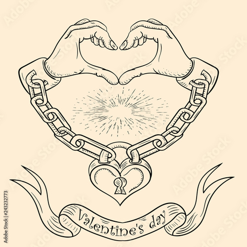 contour illustration on the theme of Valentines day hands in the form of a heart shackled in chains and closed on a padlock