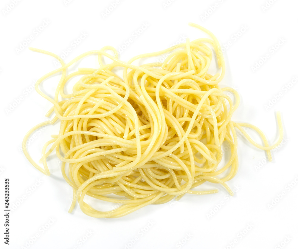 Spaghetti on white background. Yellow italian pasta. Food wallpaper