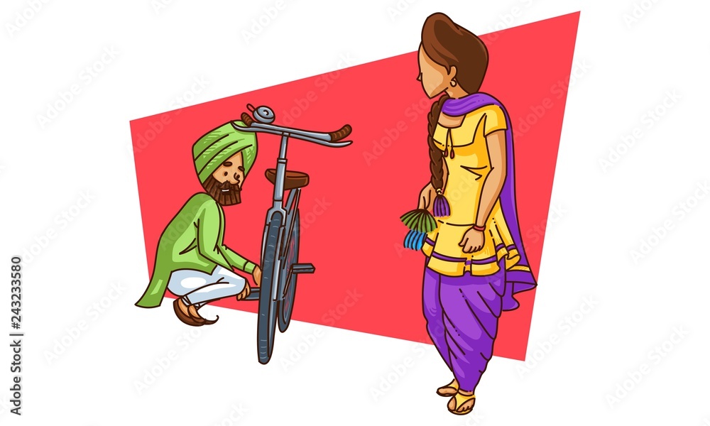 Vector cartoon illustration of punjabi sardar repairing his cycle while  watching his girlfriend. Isolated on white background. Stock Vector | Adobe  Stock