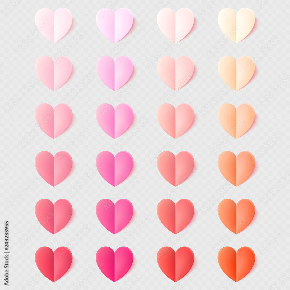 Soft color folded paper hearts isolated on transparent light. EPS 10