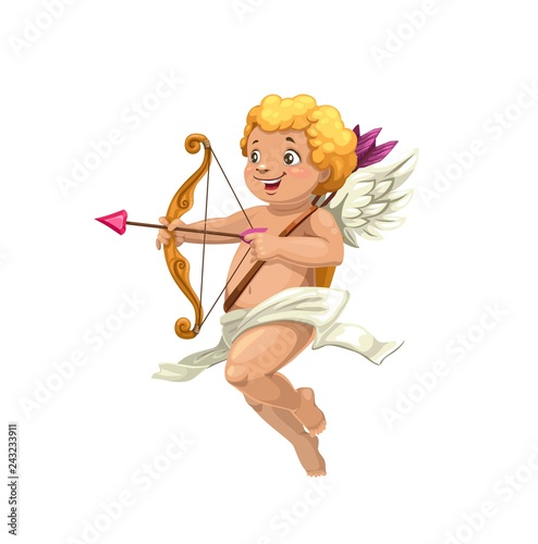 Cupid aiming with arrow and bow at love heart