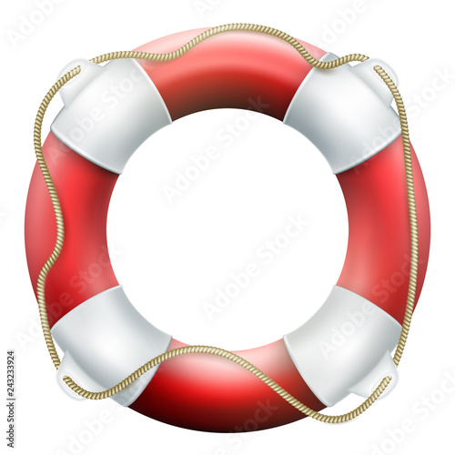 Red life buoy with rope. Isolated on white background. Rescue circle for quick help. EPS 10