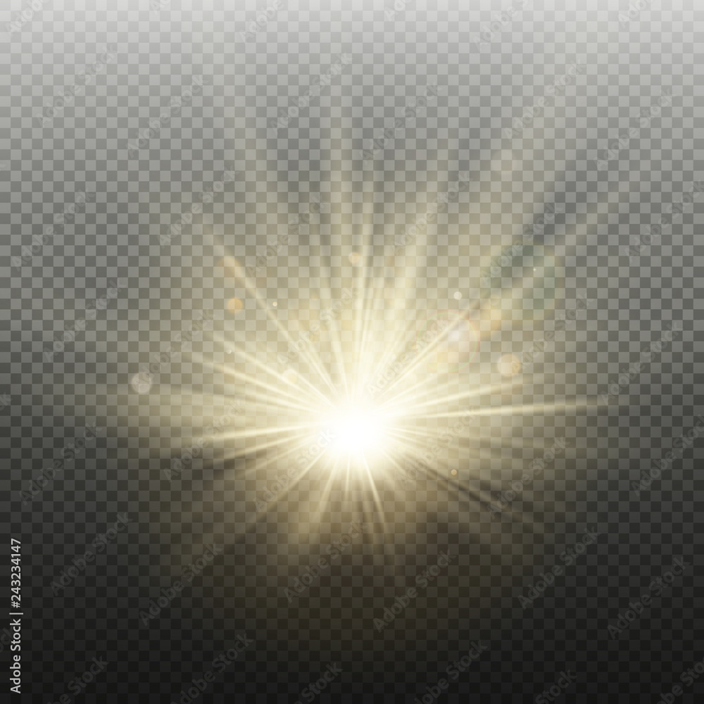 Sunset or sunrise golden glowing bright flash effect. Warm burst with rays and spotlight. Sun realistic lights template. EPS 10