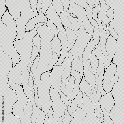 Set of seven realistic wall cracks. Easily for color change. Isolated on light transparent background. EPS 10