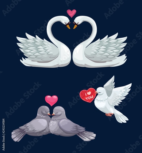 Loving bird couples with hearts. Valentines Day