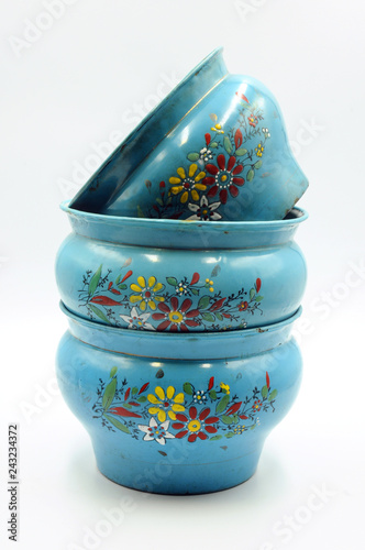 Blue Embossed Enamel Spittoon With Flower Pattern photo