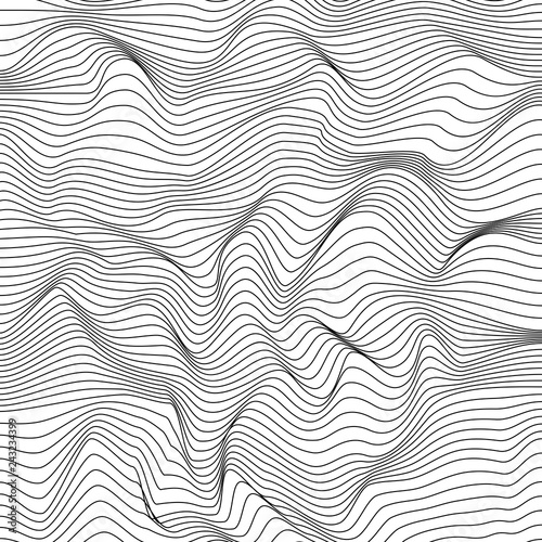 Abstract dynamical rippled surface. Black and white wireframe wavy stripes. EPS 10 © artifex.orlova