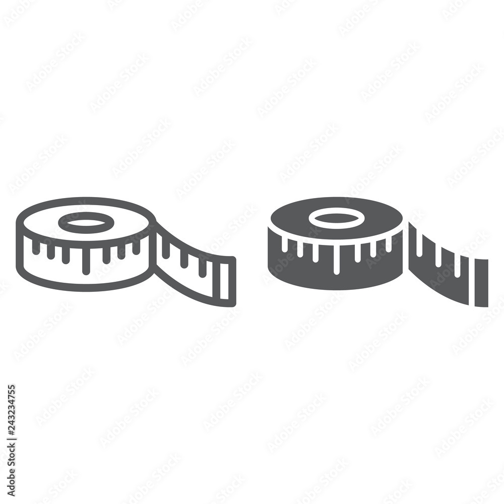 Measuring tape line and glyph icon, measurement and meter, ruler sign, vector graphics, a linear pattern on a white background.