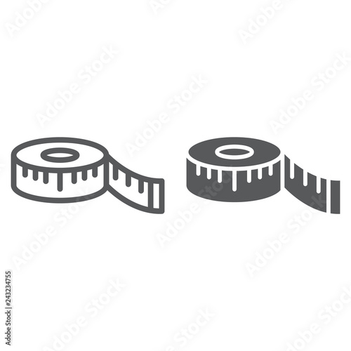 Measuring tape line and glyph icon, measurement and meter, ruler sign, vector graphics, a linear pattern on a white background.