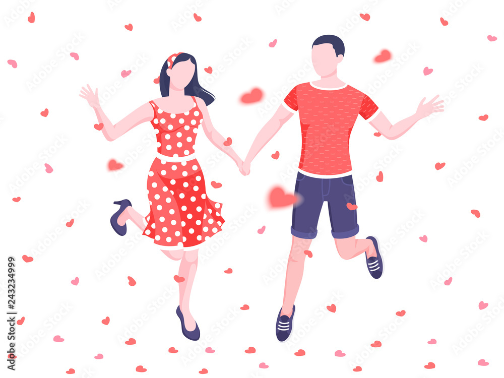 Happy young couple holding hands and jumping together together while celebrating Saint Valentine's Day. Vector illustration Happy young couple holding hands and jumping together together while celebrating Saint Valentine's Day. Vector illustration