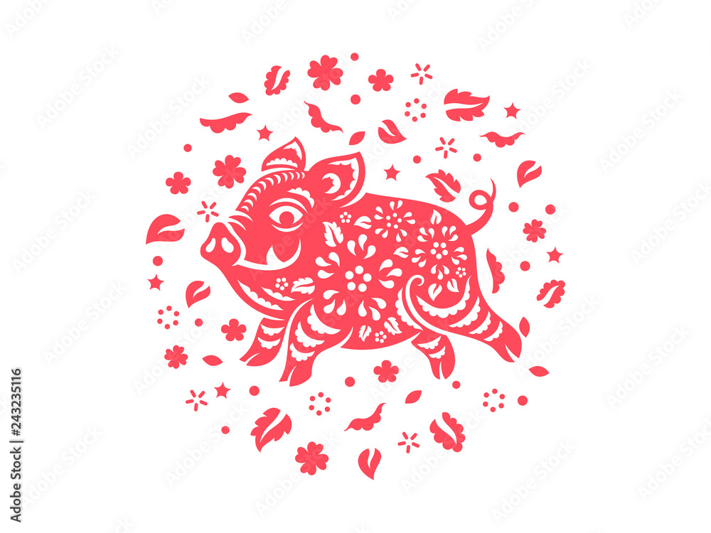 Сhinese Zodiac sign, paper cut boar isolated on white. Chinese New Year 2019 Pig. Vector illustration 