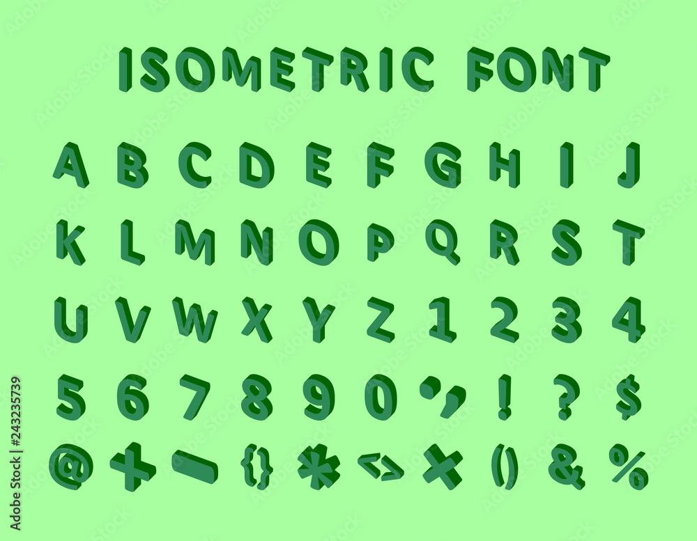 Green Isometric Pixel Font, Vector Letters, Alphabet Green Isometric Pixel Font, Vector Letters, Alphabet