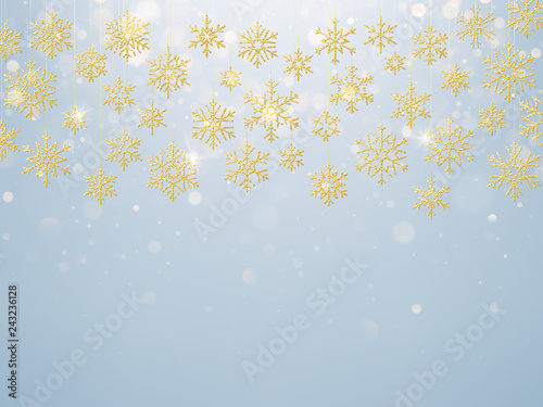 Fototapeta Naklejka Na Ścianę i Meble -  Christmas card with foiled gold snow flake. Golden decoration on light blue winter background. EPS 10