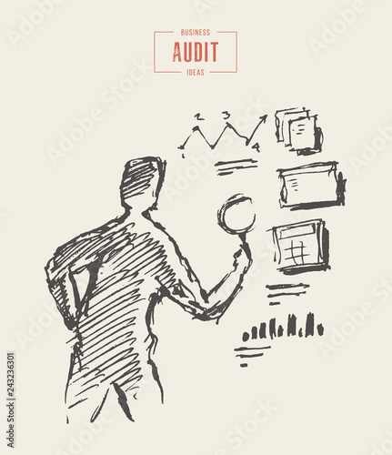 Business auditing man wall charts vector sketch