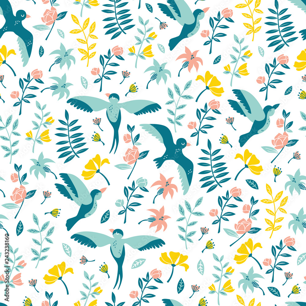 Birds and Flowers. Vector Hand Drawn Seamless Pattern on White Background.