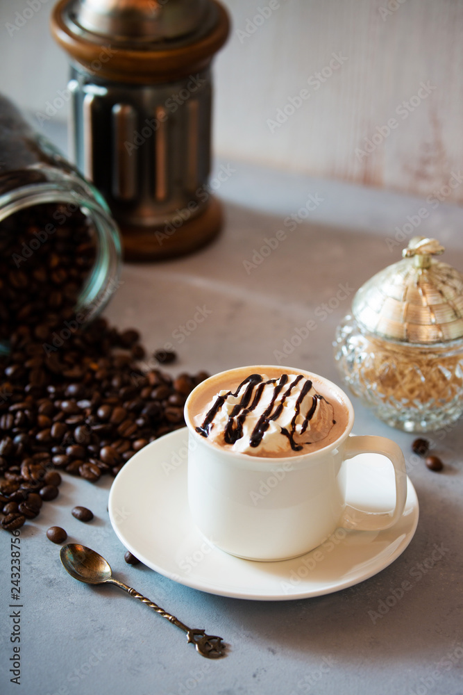 cup of coffee with whipped cream and beans cup of coffee with whipped cream and beans