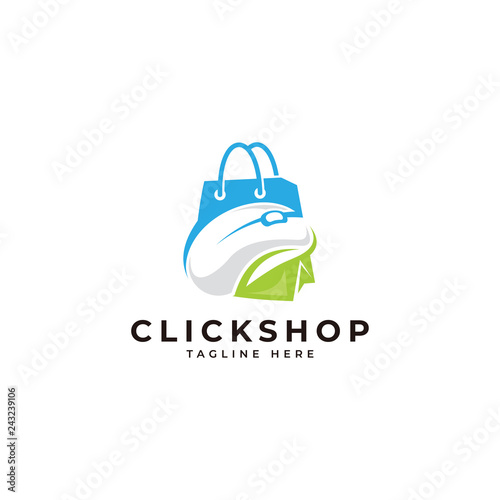 Click shop logo, computer mouse and shopping bag icon vector