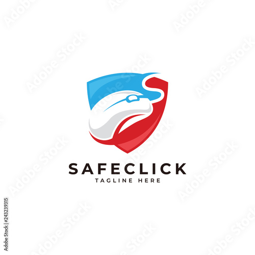 Safe click logo, computer mouse and security shield icon vector