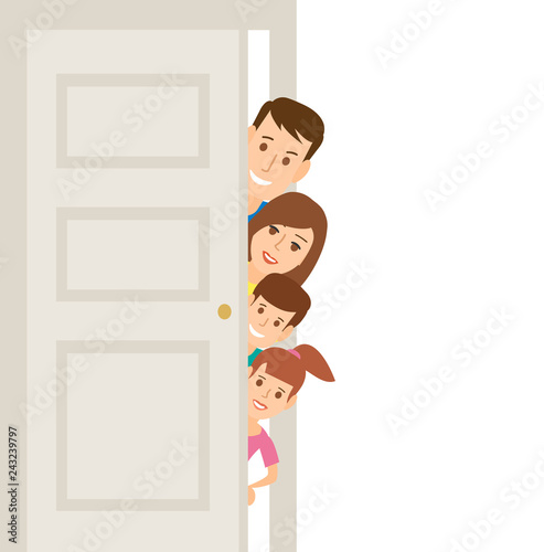 happy family look out the open door