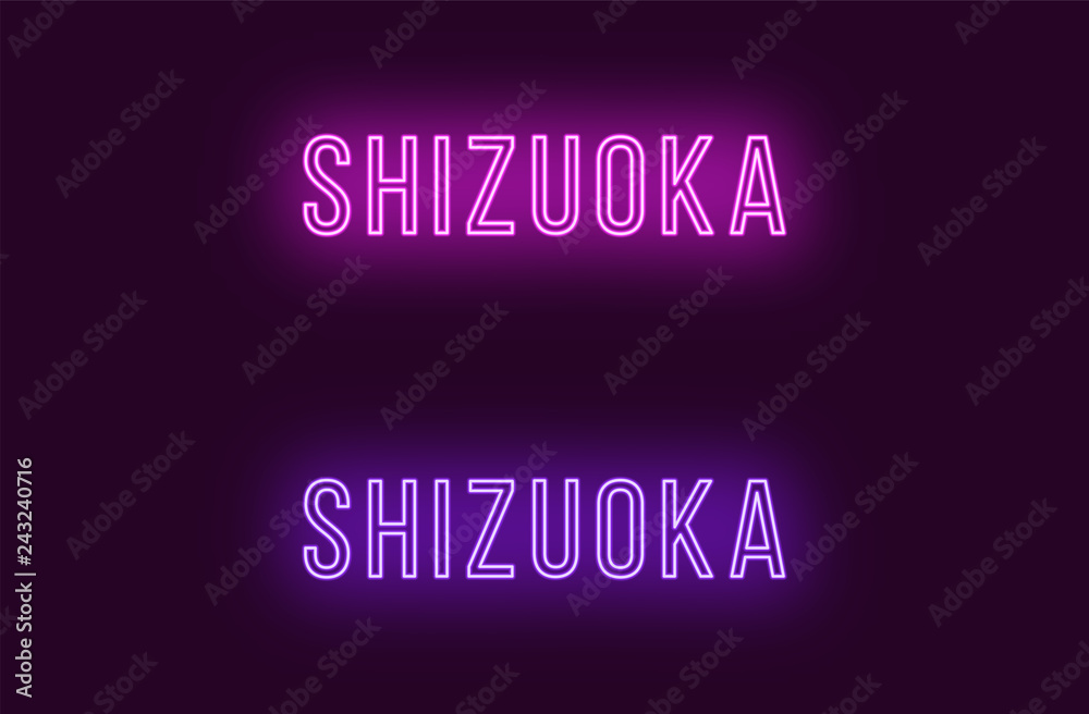 Neon name of Shizuoka city in Japan. Vector text
