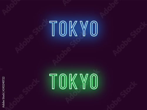 Neon name of Tokyo city in Japan. Vector text