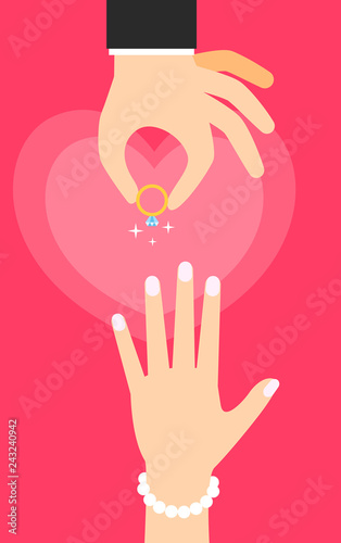 The groom hand wears a ring on the bride finger